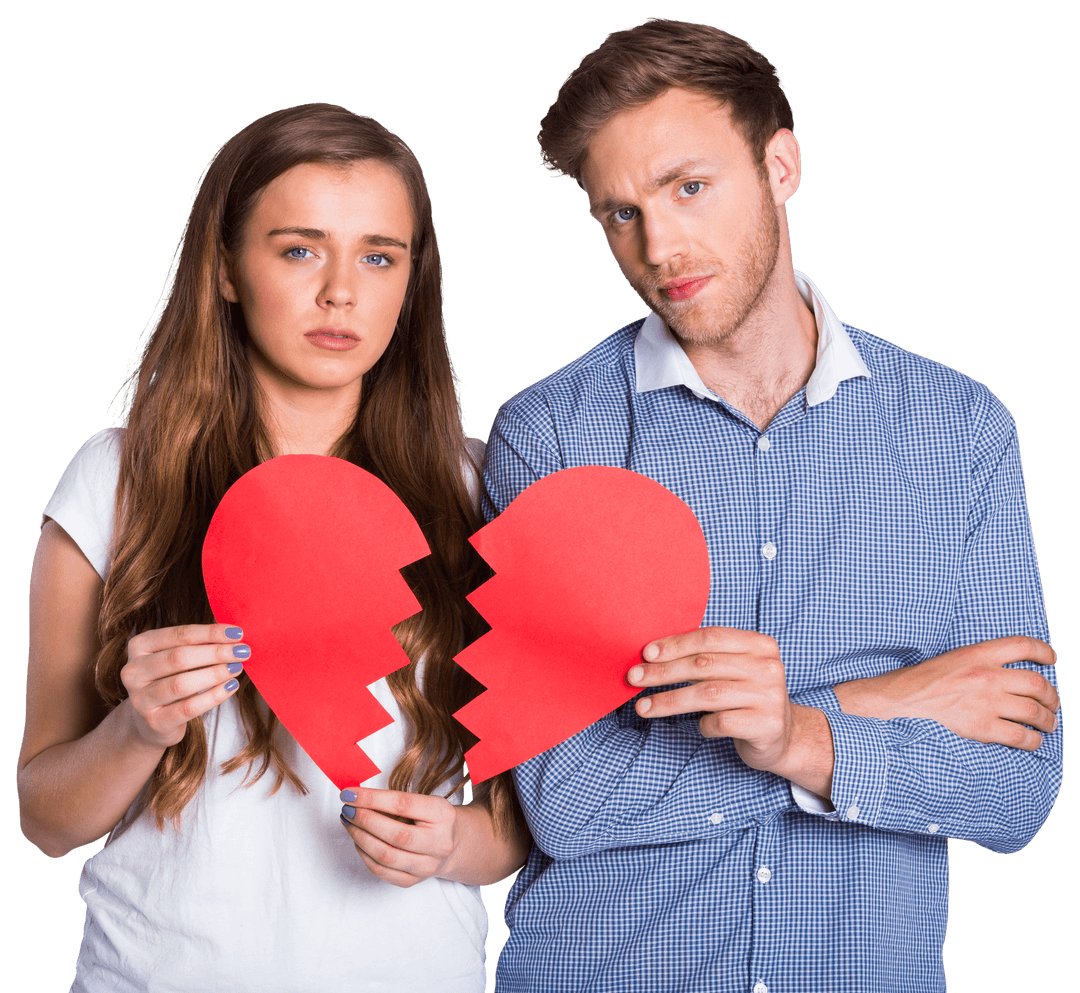 Couple Holding Transparent Broken Heart Sign with Sad Expressions