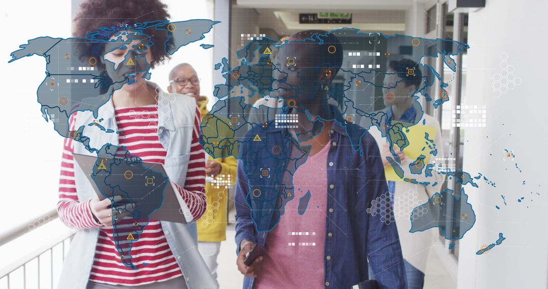 Digital World Map Overlay with Diverse Team in Modern Office