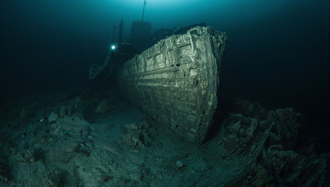 Sunken Ship Bow Resting on Deep Seafloor with Diver Light and Corroded Hull