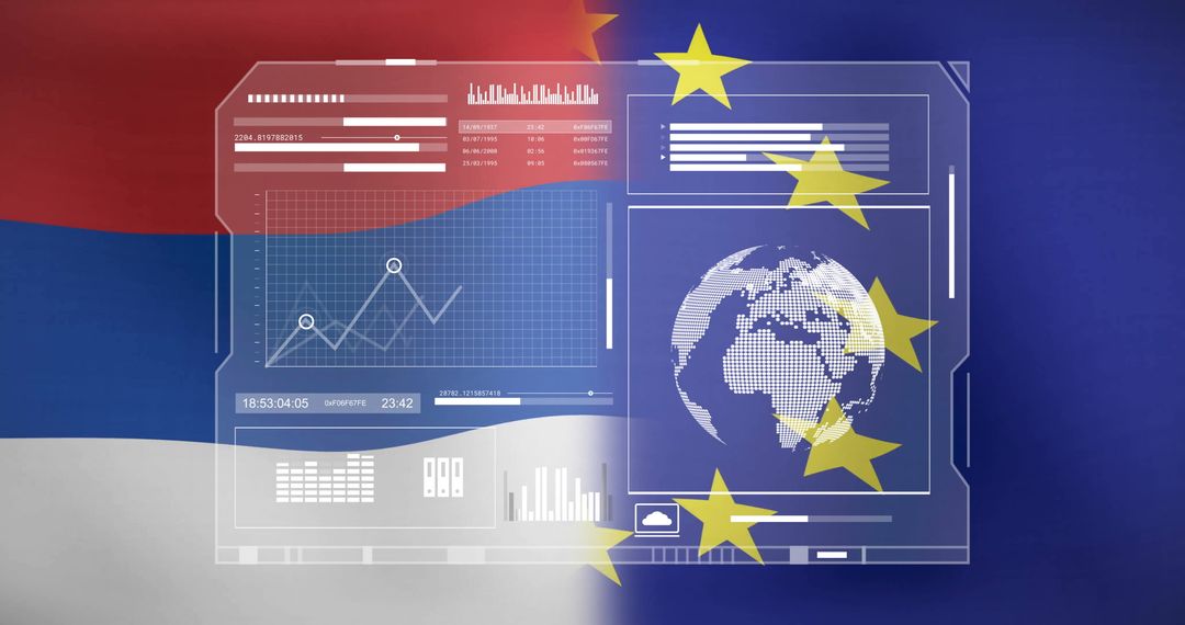 Serbian and EU Flags With Digital Data and Globe Overlay