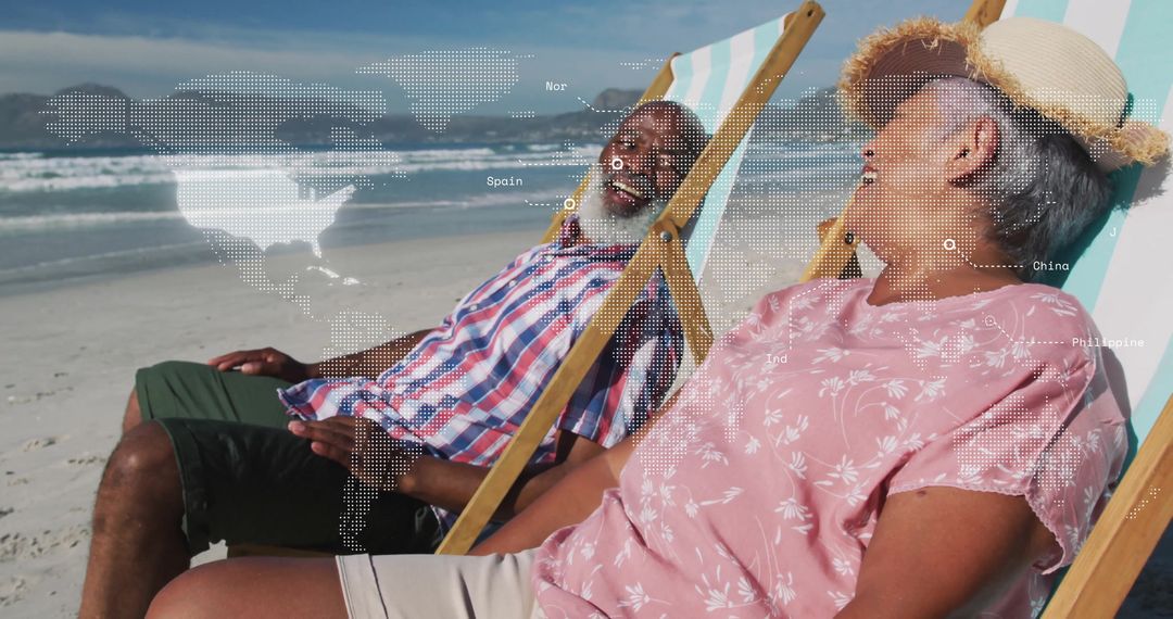 Senior Couple Relaxing on Beach with World Map Overlay
