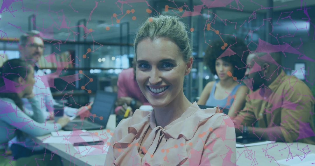 Innovative Teamwork in Modern Office with Digital Overlay