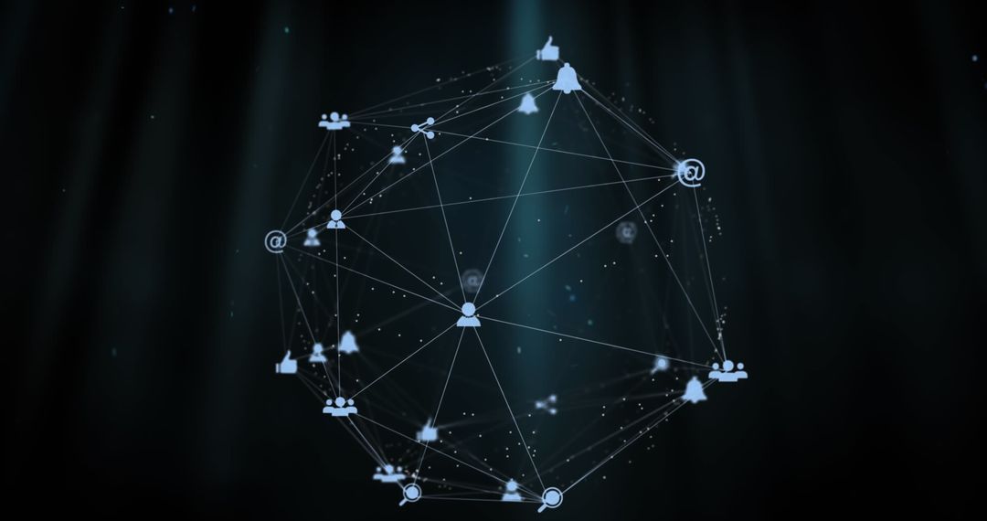Digital Network of Icons Spinning in Dark Virtual Space