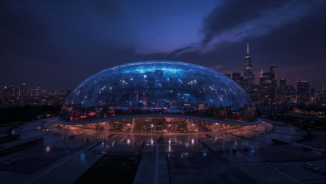 Futuristic Geodesic Dome Illuminated at Night in Urban Skyline