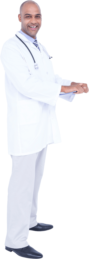 Smiling Doctor in White Coat Holding Chart with Transparent Background