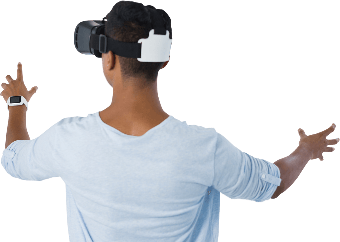 Back View of Man Experiencing Virtual Reality on Transparent Background