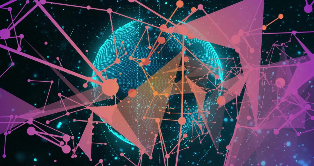 Glowing Data Globe with Connecting Nodes and Geometric Network in Neon Teal Magenta