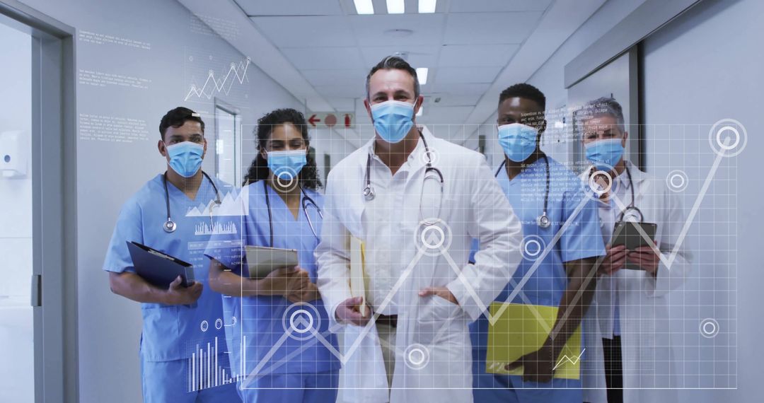 Healthcare Team Collaborating in Hospital Corridor with Data Graphics