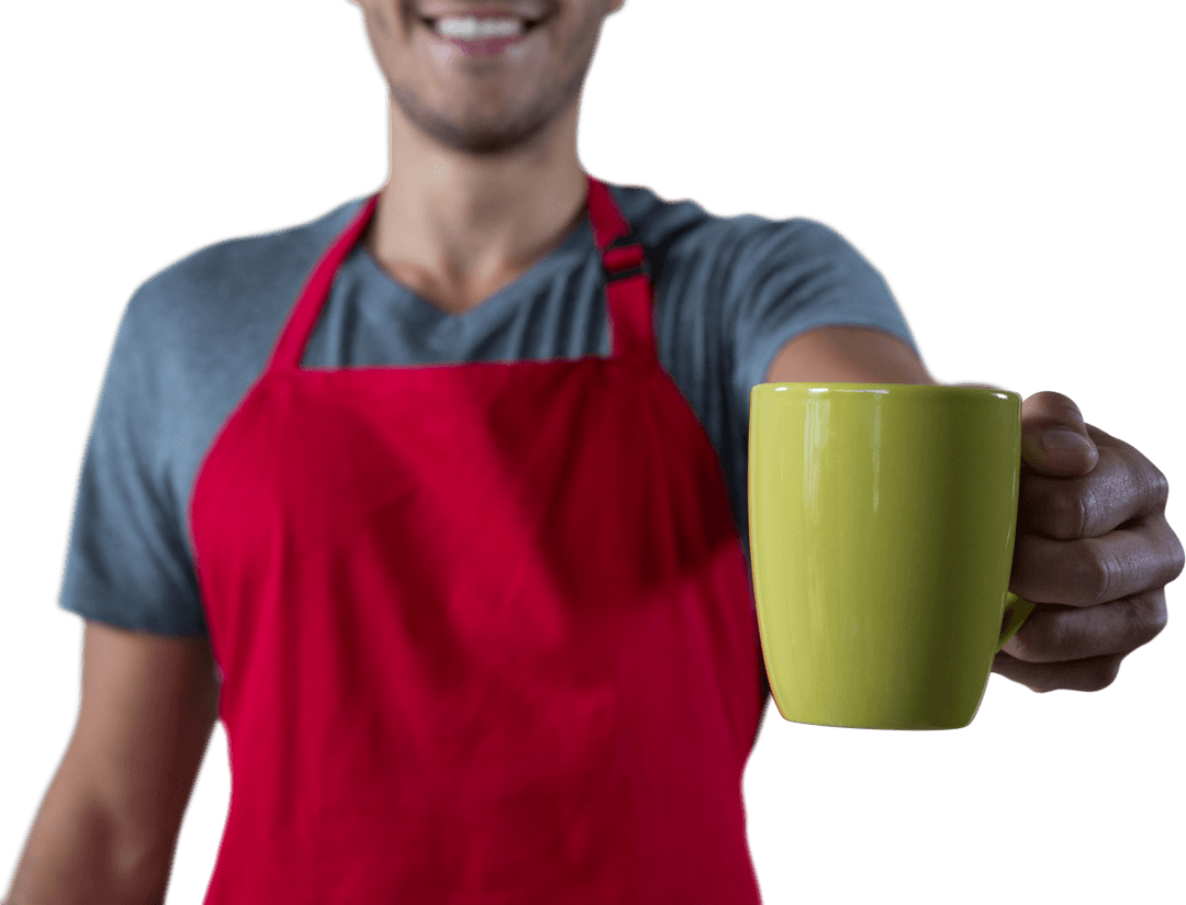 Smiling Waiter with Yellow Mug on Transparent Background