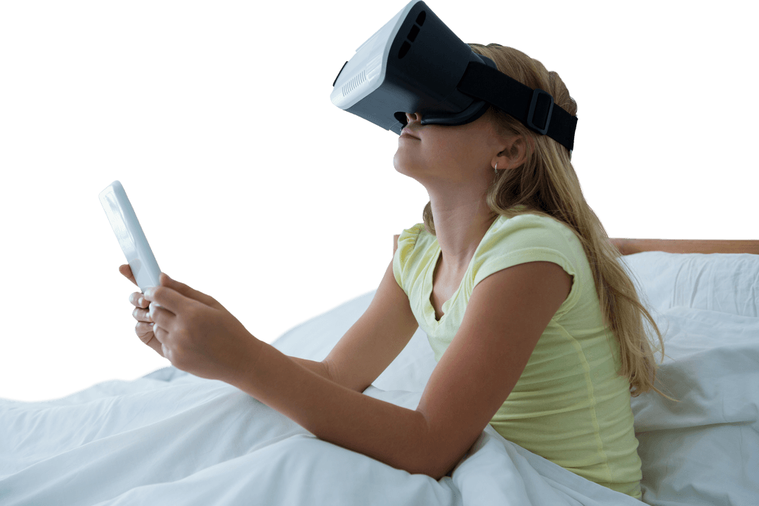 Girl Immersed in Virtual Reality in Bed With Transparent Background