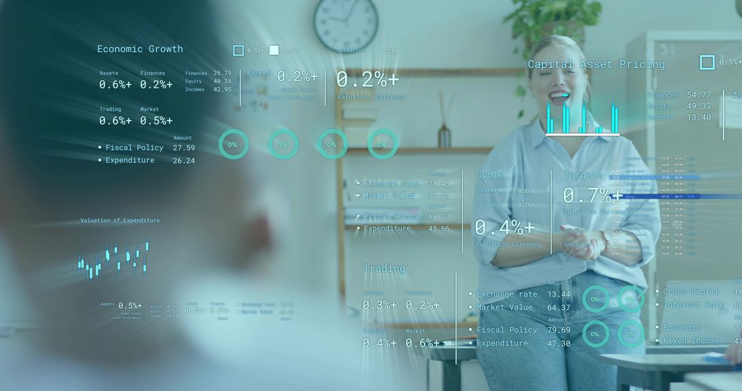 Woman Presenting Financial Data with Holographic Dashboards, Displaying Charts and Metrics