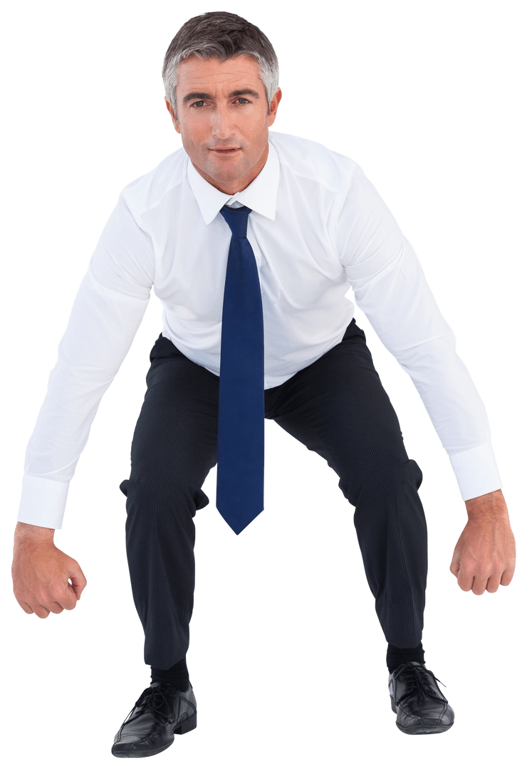 Middle-Aged Businessman Bending and Lifting on Transparent Background