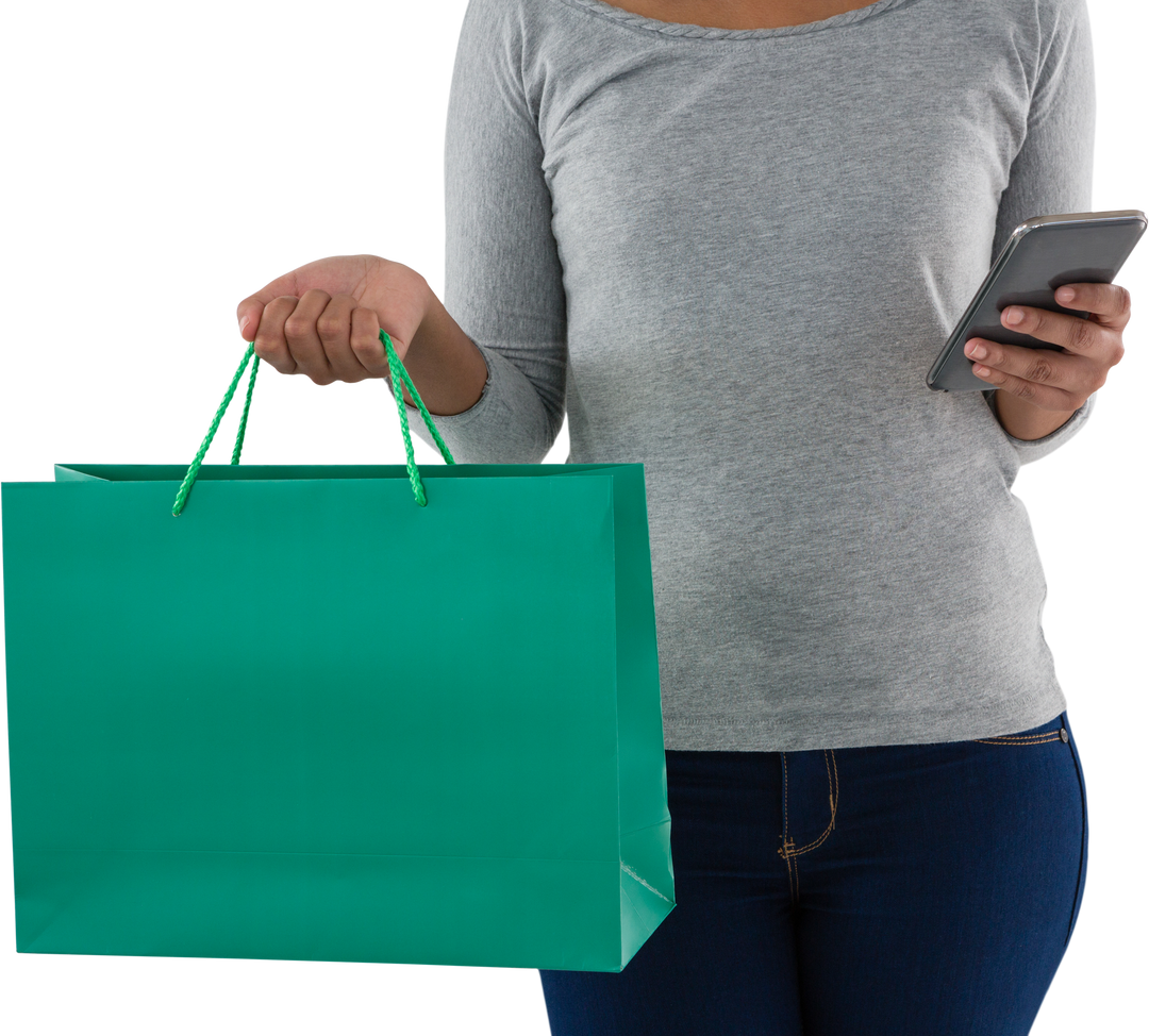 Woman Holding Shopping Bag Using Mobile Phone, Transparent Background - Download Free Stock Images Pikwizard.com