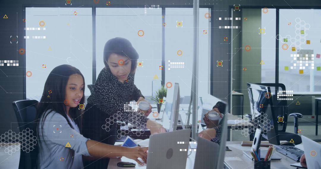 Collaboration in Modern Office with Digital Graphics Overlay