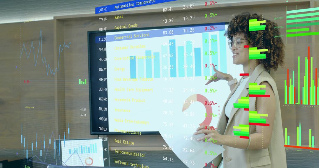 Business Analyst Presenting Digital Financial Charts with Data Projection