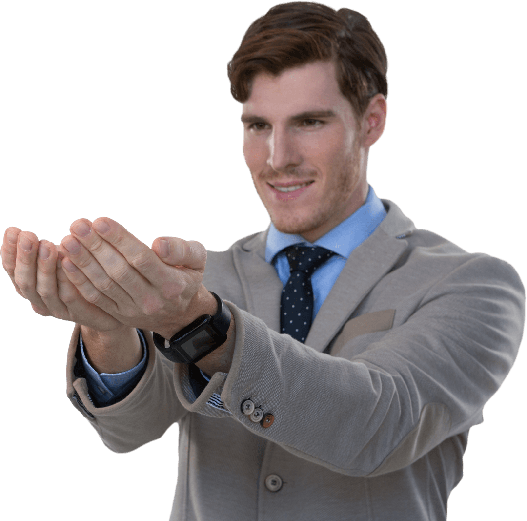 Smiling Businessman with Open Inclusive Gesture Transparent Background