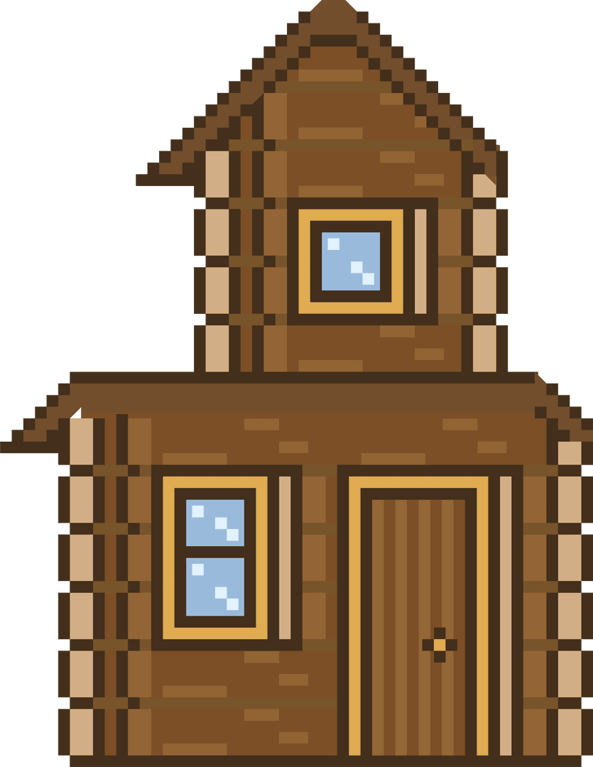 Rustic Pixel Art Log Cabin with Gabled Roof on Transparent Background