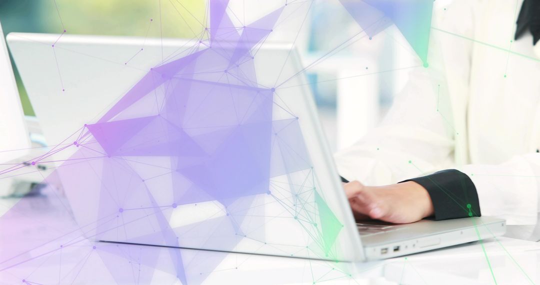 Professional Businesswoman Typing on Laptop with Digital Network Effects