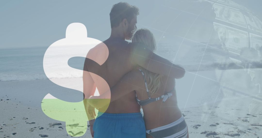 Couple Enjoying Beach Vacation with Financial Data Overlay