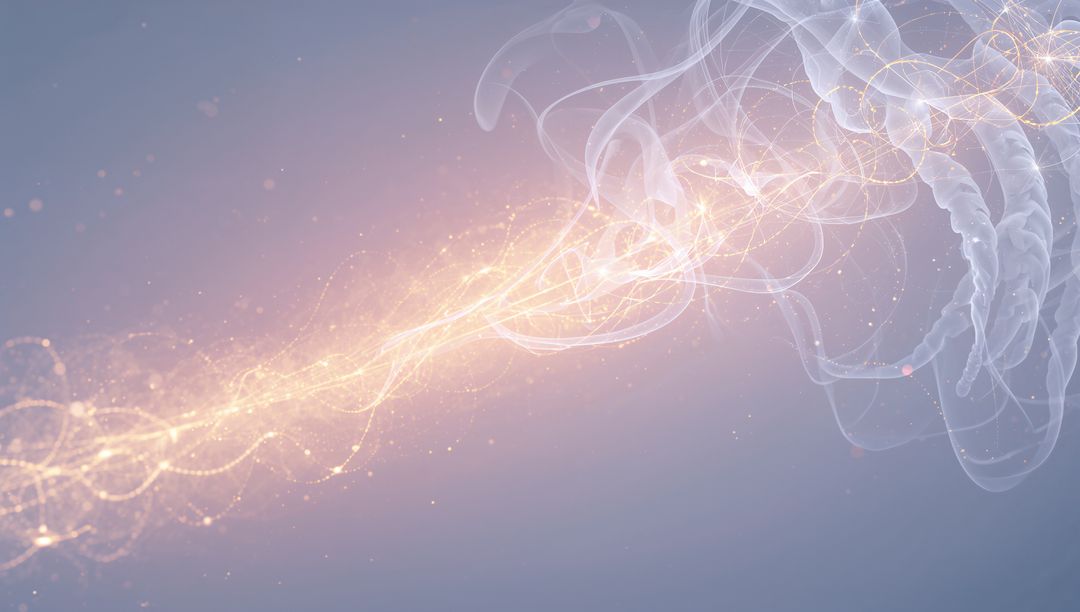 Golden Particle Ribbon Flowing Across Pastel Background with Translucent Wisps