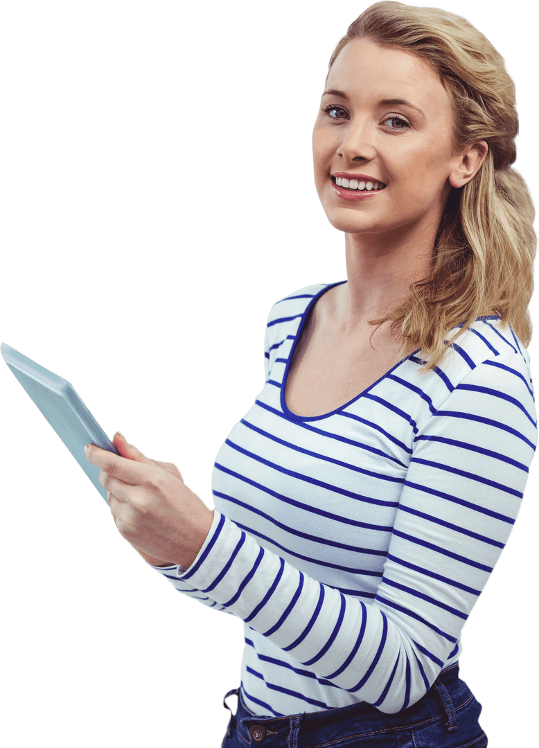 Happy Woman Using Tablet on Transparent Background