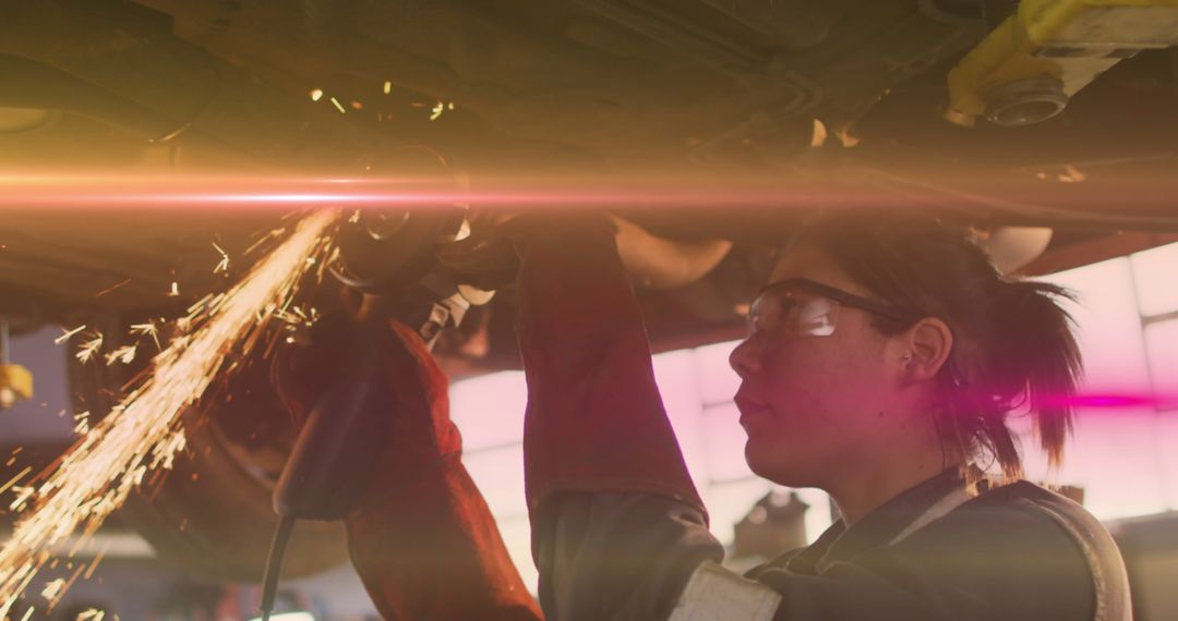 Woman Welding in Car Workshop with Digital Overlays