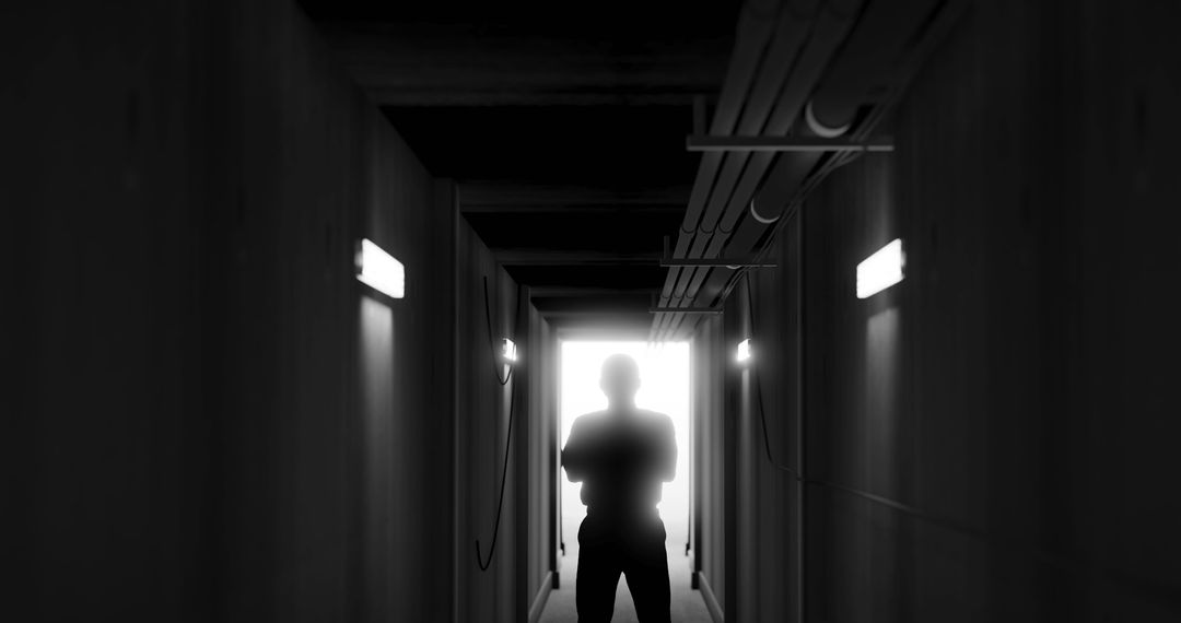 Silhouette in Dark Corridor Illuminated at End