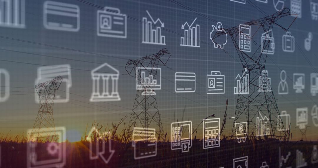 High-Voltage Towers with Digital Financial Icons at Sunset