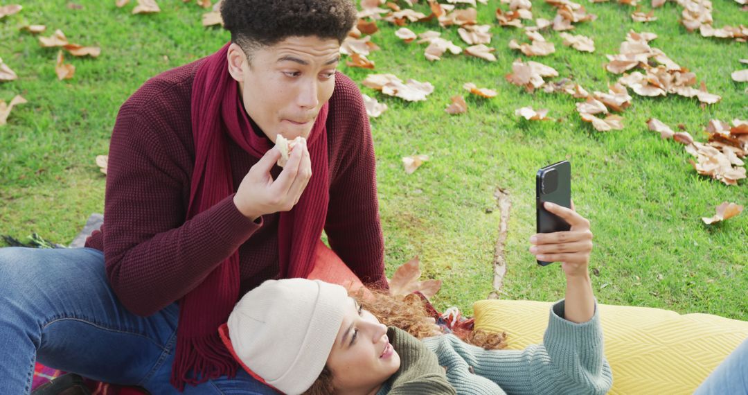 Young Couple Having Picnic Taking Selfie Outdoors in Autumn - Free Images, Stock Photos and Pictures on Pikwizard.com