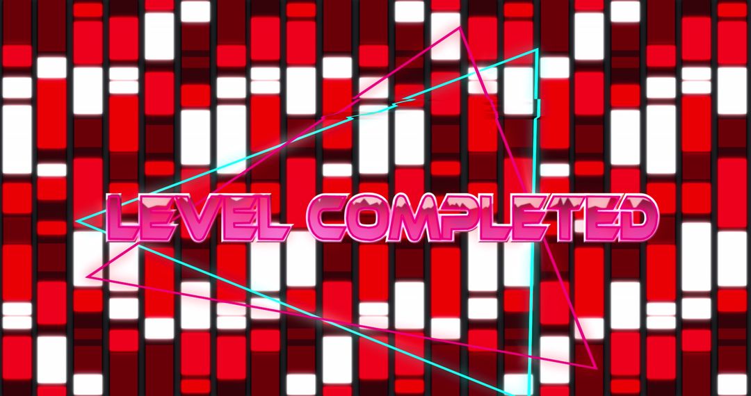 Neon Level Completed Sign on Abstract Geometric Background