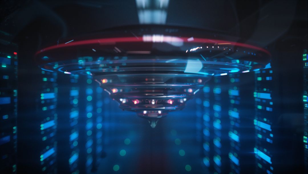 Futuristic Hovering Disc in Data Center Corridor with Neon Lights