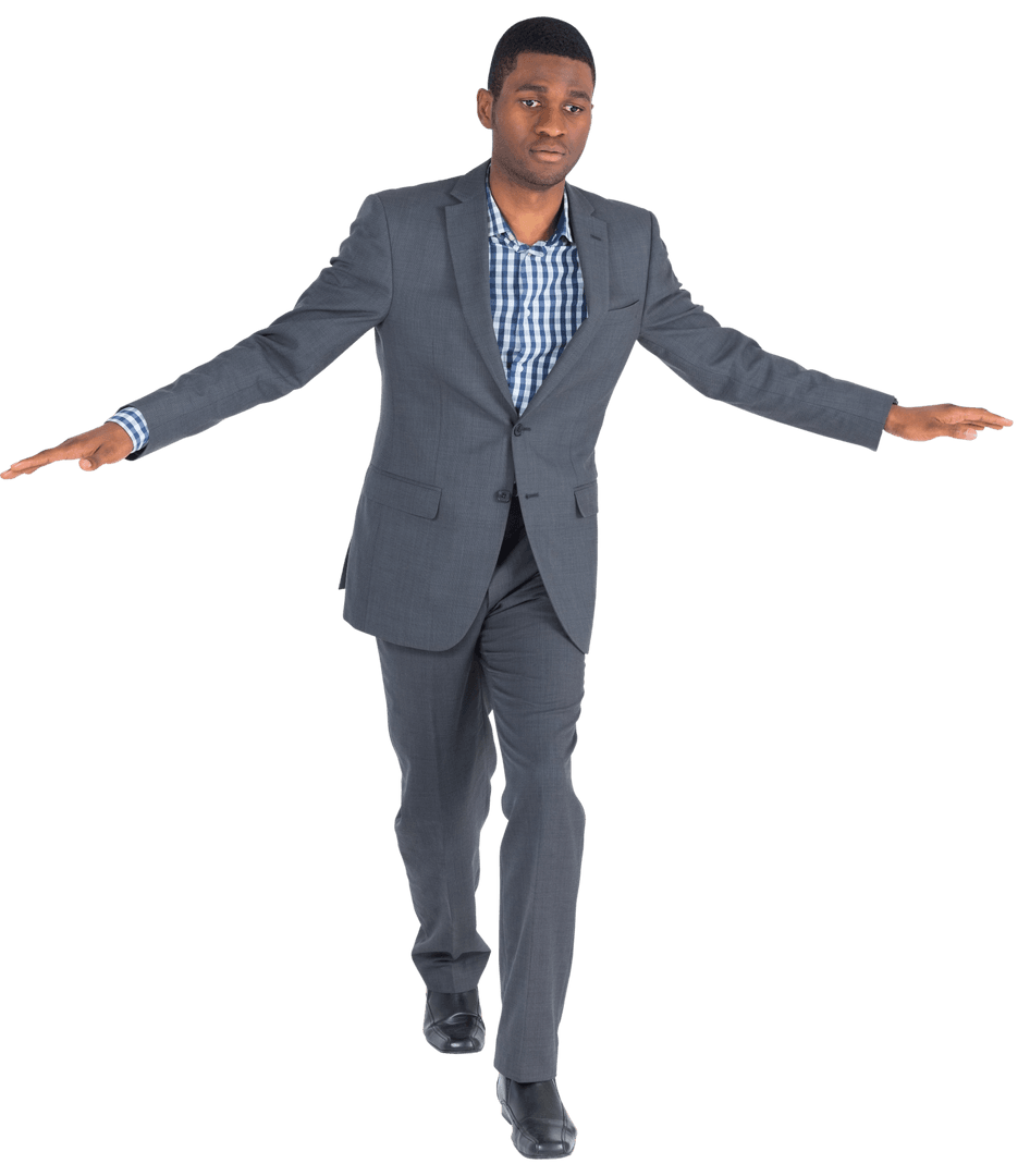 Businessman Balancing with Arms Outstretched on Transparent Background