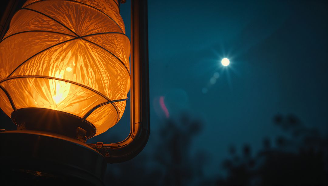 Glowing Textured Lantern and Full Moon in Night Sky