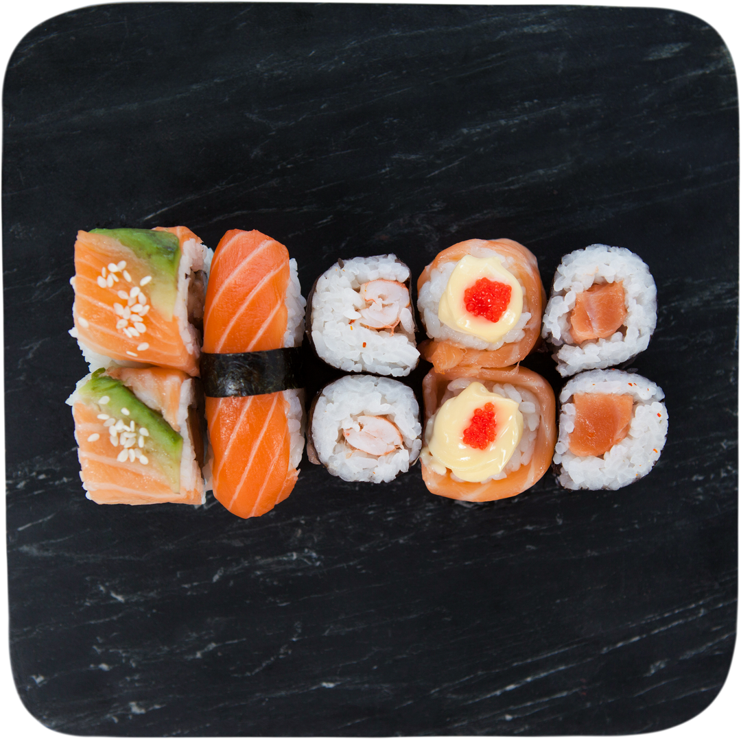 Assorted Sushi Rolls on Transparent Blackboard with Seaweed Background - Download Free Stock Images Pikwizard.com