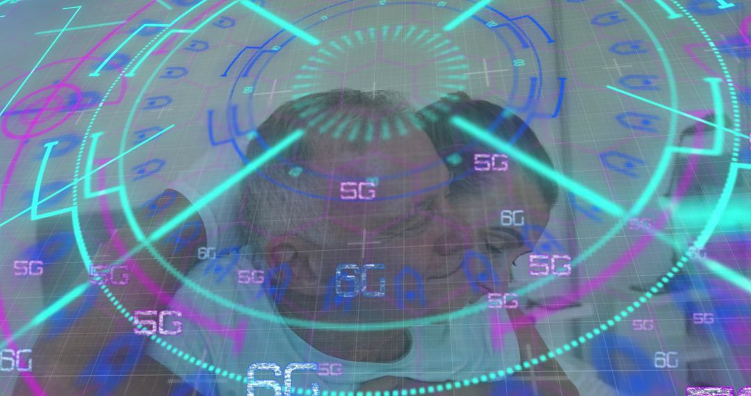 Elderly Couple Embracing with 5G Technology Overlaid, Symbolizing Future Connectivity