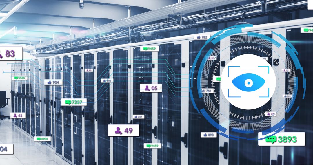 Digital Interface in Modern Server Room With Eye Icons