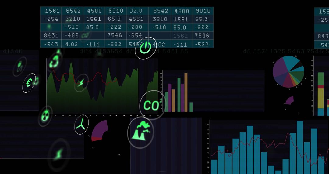 Dark analytics dashboard visualizing energy metrics, CO2 emissions and finance insights