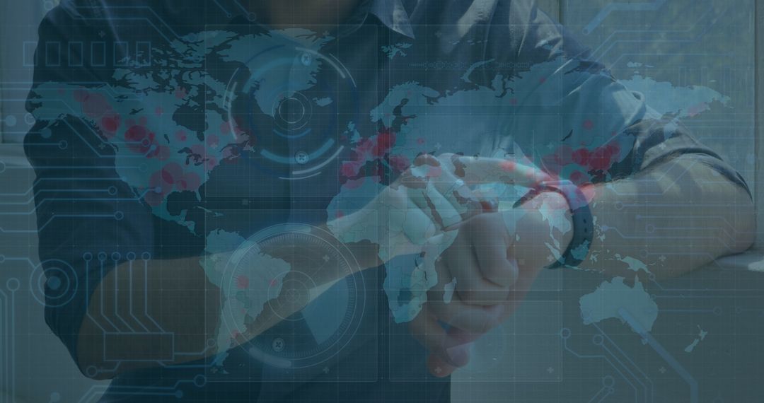 Caucasian Man Interacting with Futuristic Digital World Map Overlay