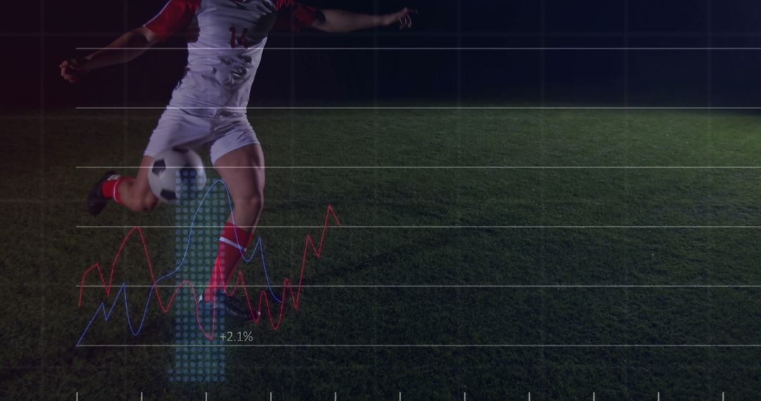 Athlete Booting Soccer Ball on Night Field with Graph Overlay