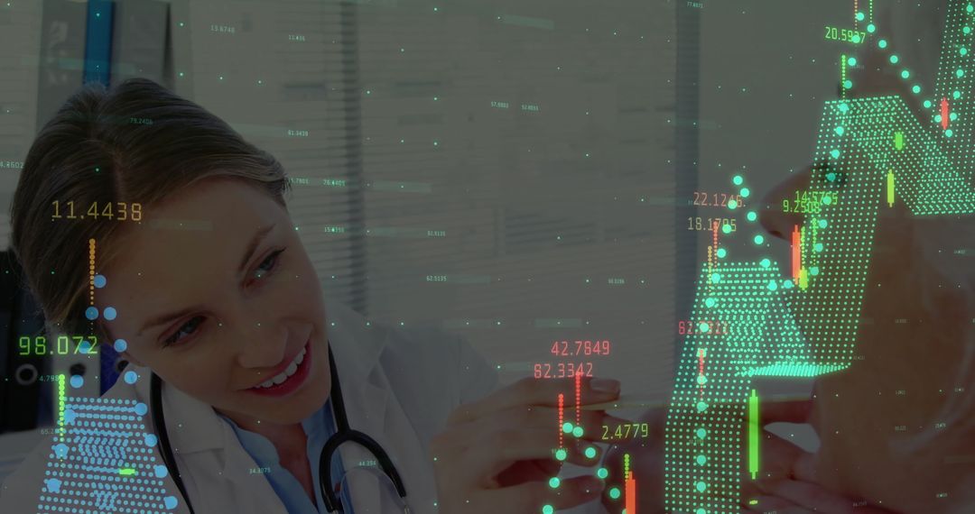 Doctor Administering Injection with Financial Chart Overlays
