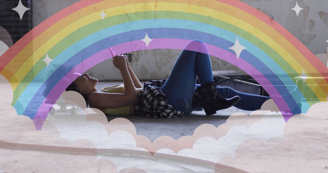 Young woman relaxing under colorful illustrated rainbow - Free Images, Stock Photos and Pictures on Pikwizard.com