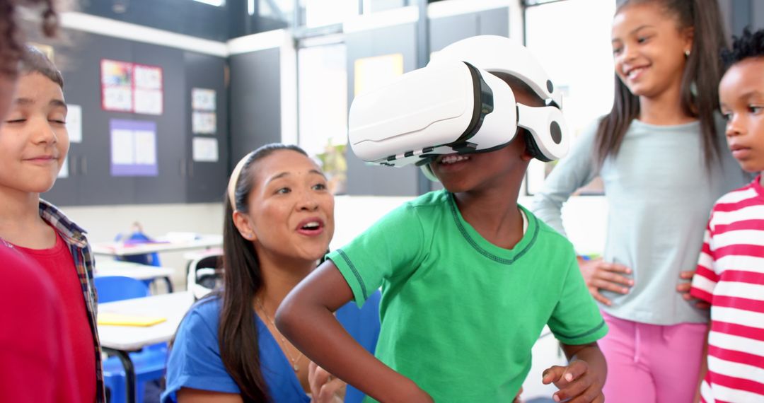 Children Using VR Headset in Classroom with Teacher Guidance