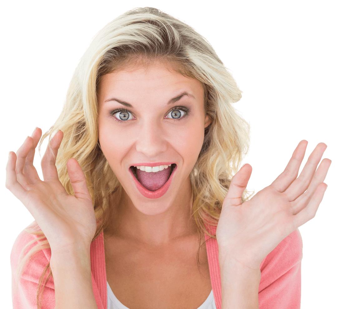 Surprised Blonde Woman with Hands Up on Transparent Background