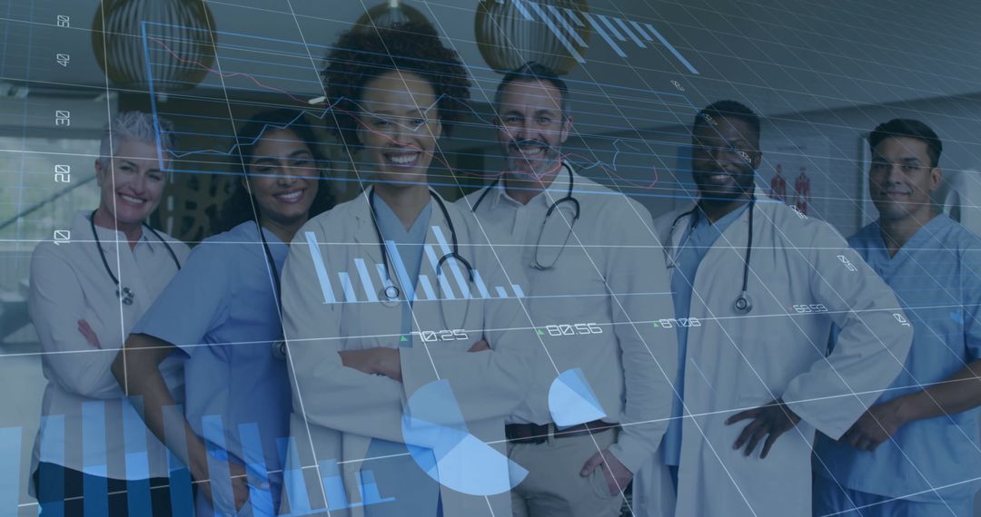 Medical Team with Analytics Overlay Highlighting Teamwork in Healthcare