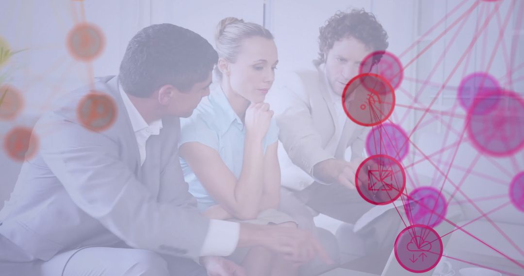 Team Collaborating with Digital Network Overlay in Modern Office Space