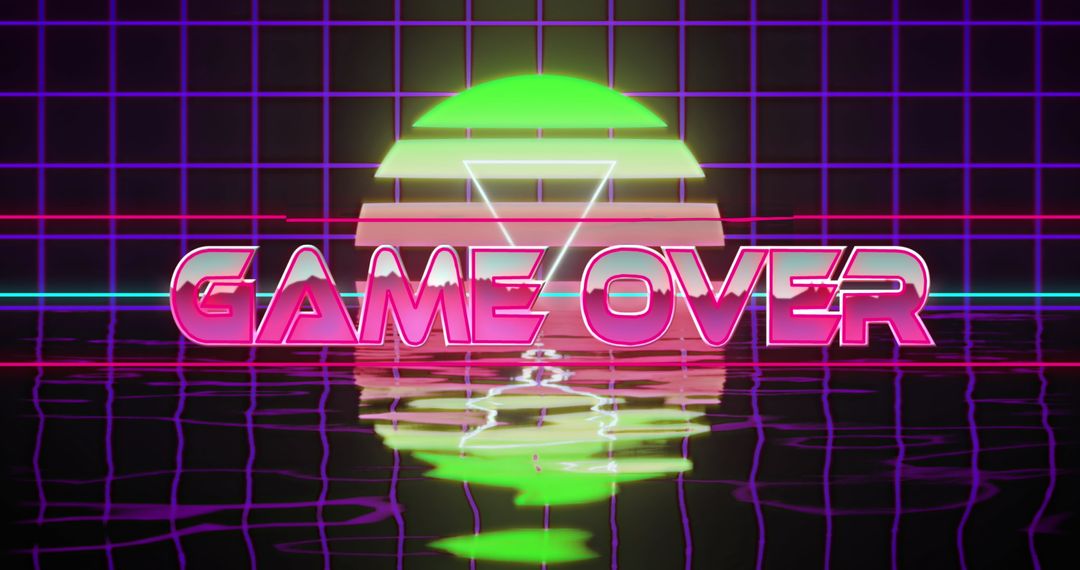 Retro Futuristic Game Over Screen with Digital Grid and Sunset
