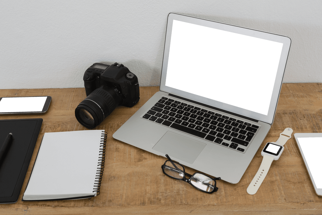 Transparent Tech Workspace with Gadgets and Accessories