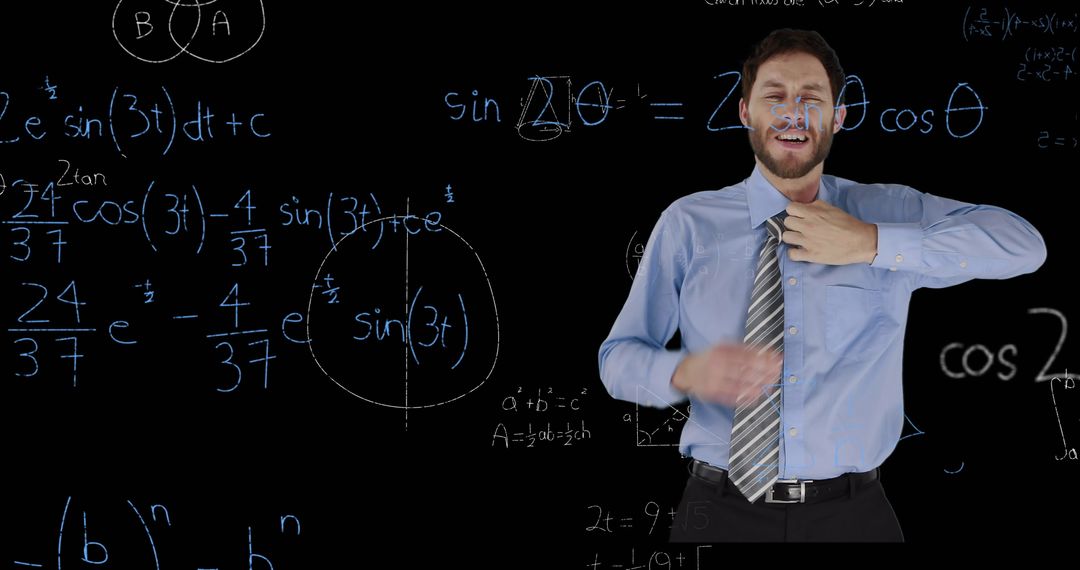 Businessman Analyzing Complex Mathematical Equations in Front of Black Background