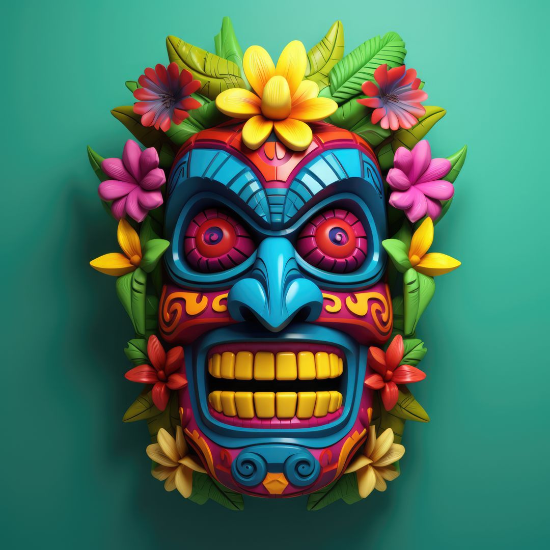 Colorful Traditional Tiki Mask With Flowers on Green Background - Free Images, Stock Photos and Pictures on Pikwizard.com
