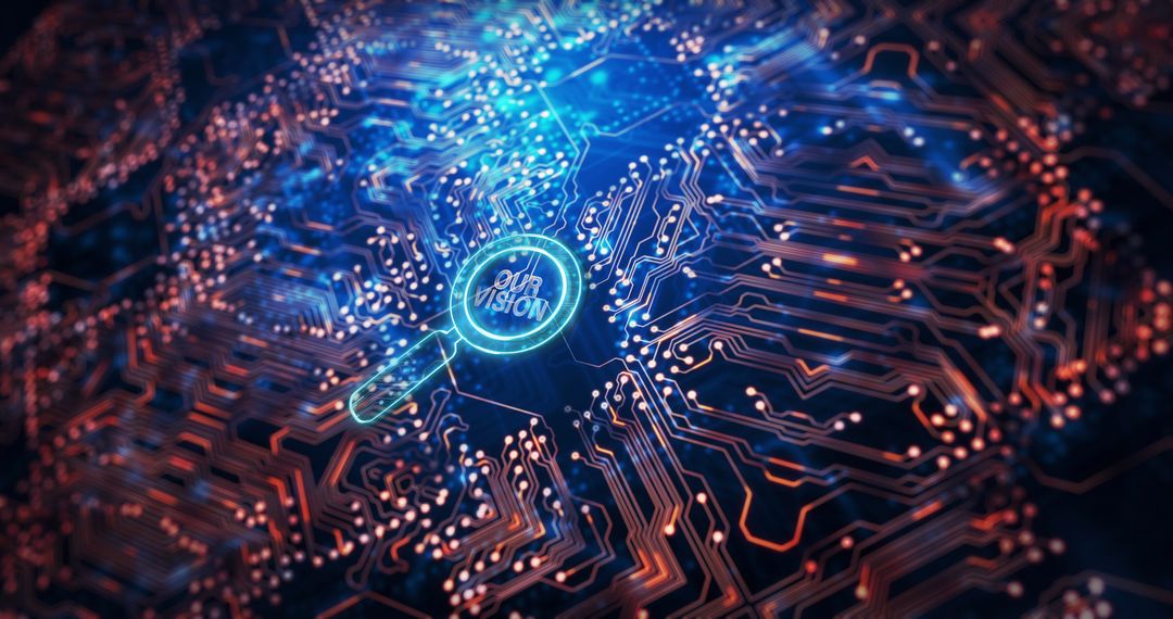 Circuit Board with Magnifying Glass Concept Digital Interface